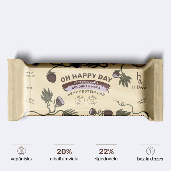 Oh Happy Day – kaņepju proteīna batoniņš ar kokosriekstu un maca, tumšajā šokolādē (12 gab. kastīte)