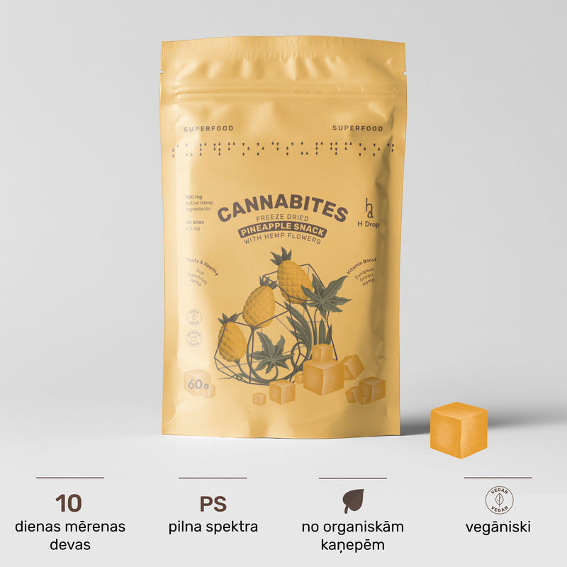 Cannabites - Funkcionāli ananāsu kubi ar kaņepju ziediem (liels 60 gab iepakojums, 300 mg)