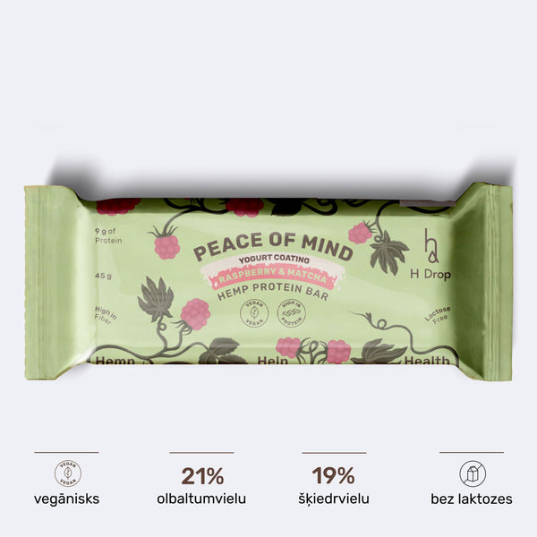 Peace of Mind – kaņepju proteīna batoniņš ar avenēm un matcha, jogurta pārklājumā (12 gab. kastīte)